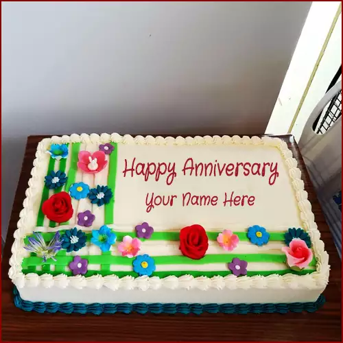 Write Name On Anniversary Flowers Cake